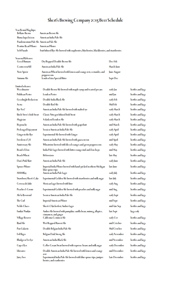 2013 Brew Schedule Announcement Short's Brewing Company