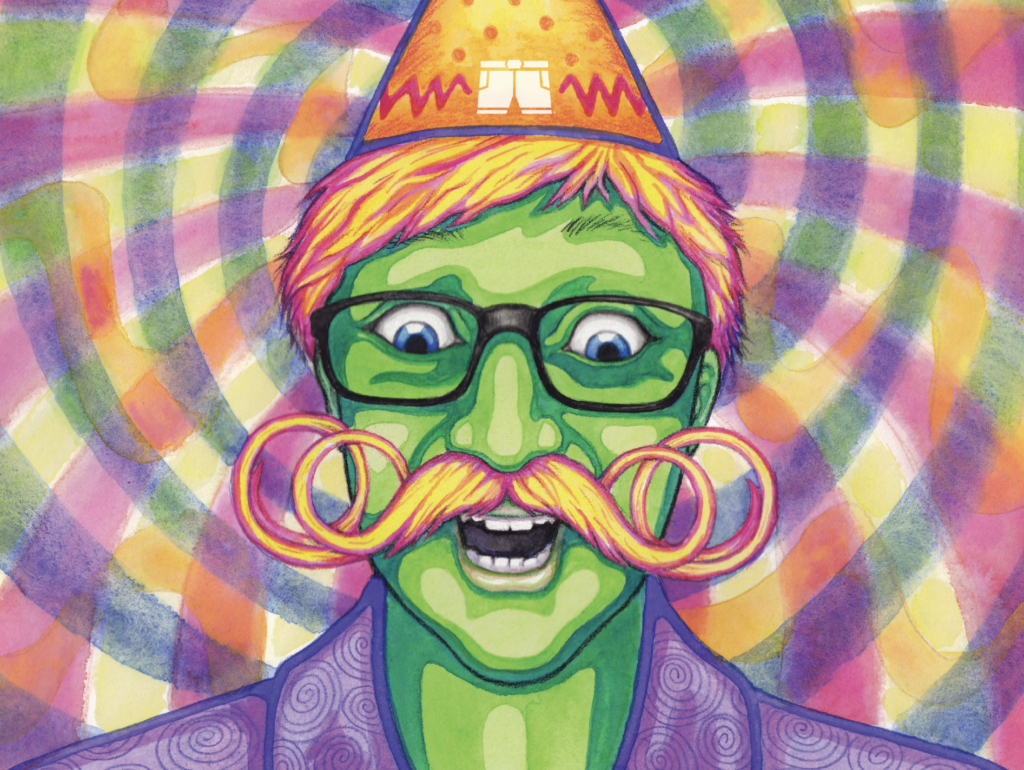 Illustration of a man (Joe Short) with a curly mustache and a party hat. He's so excited his face is green.