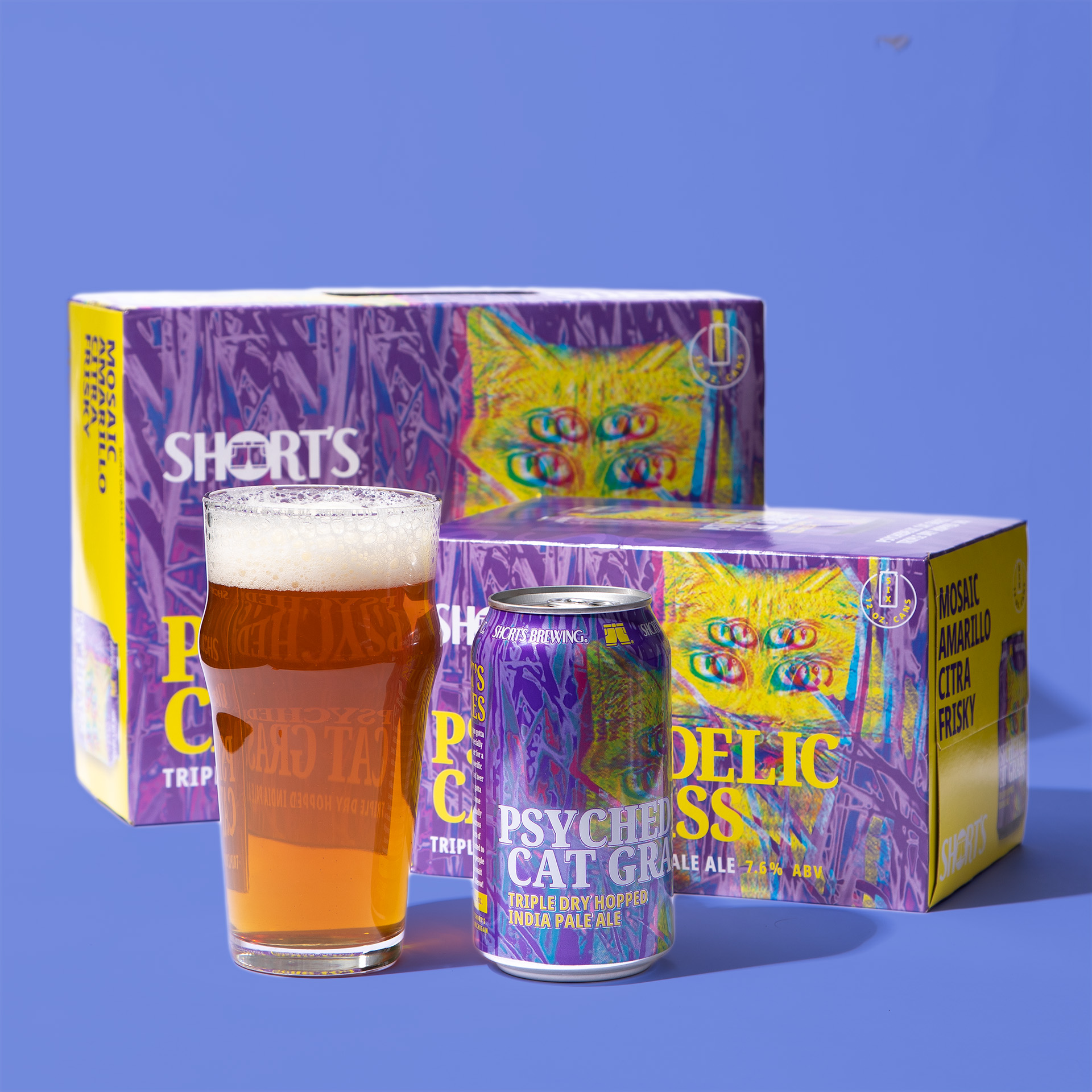 A cold, crisp Psychedelic Cat Grass in a pint glass with a can, six pack, and twelve pack