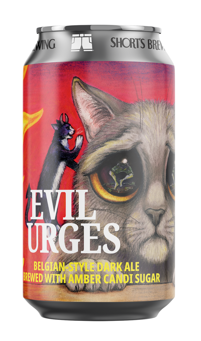 Evil Urges beer can with illustration of a wide-eyed cat with a devil on one shoulder and an angel on the other