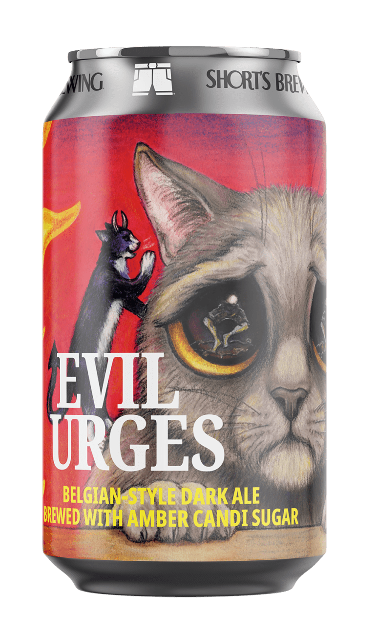 Evil Urges beer can with illustration of a wide-eyed cat with a devil on one shoulder and an angel on the other