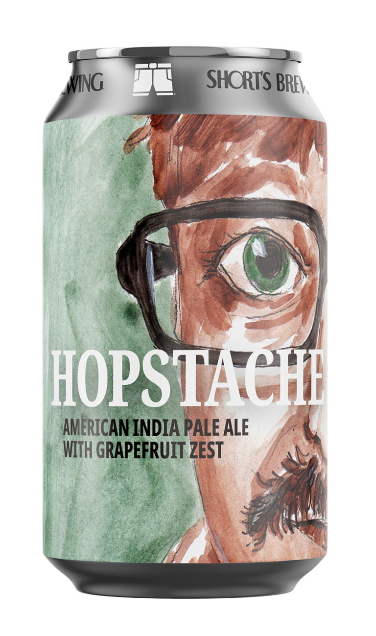 Hoptache beer can with illustration of a man in glasses with a mustache