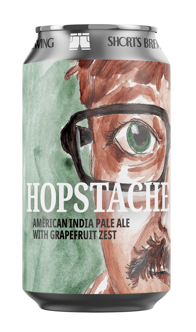 Hoptache beer can with illustration of a man in glasses with a mustache