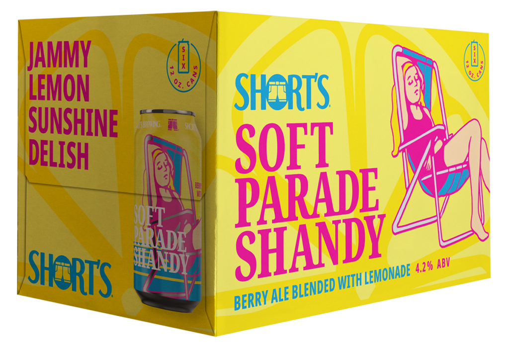 Soft Parade Shandy six pack image of girl in chair with lemon sun background