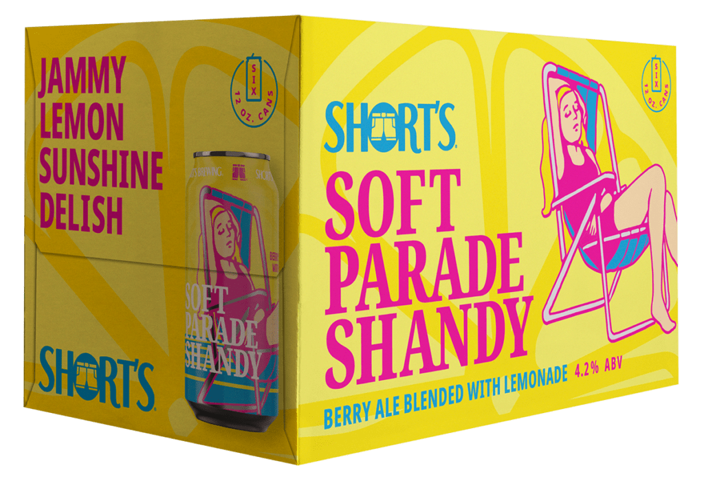 Soft Parade Shandy six pack image of girl in chair with lemon sun background