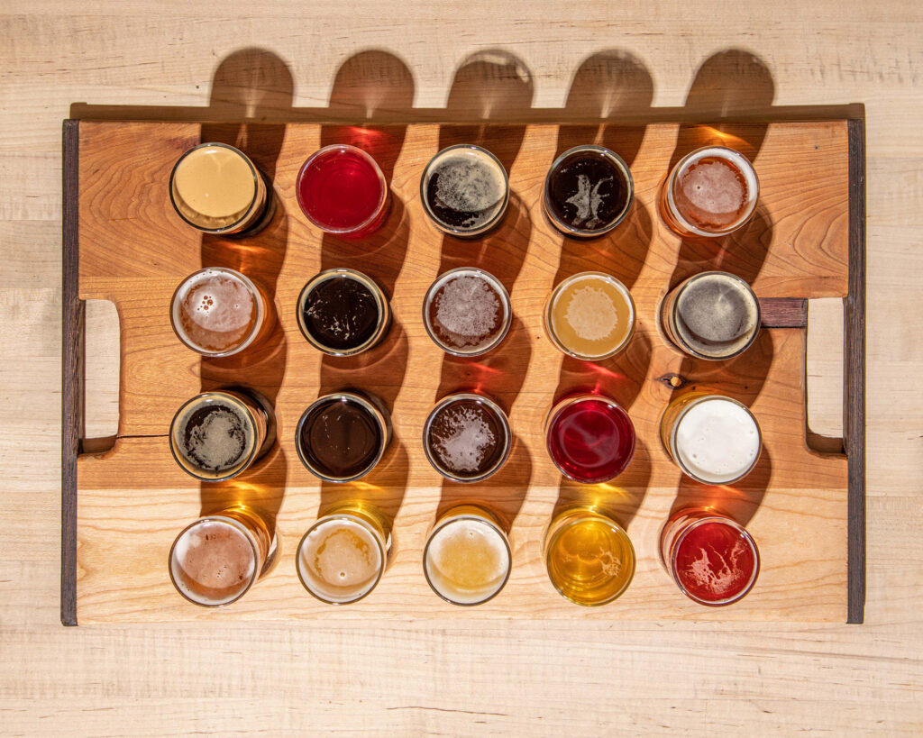 Over head photo of 20 flight beer sampler