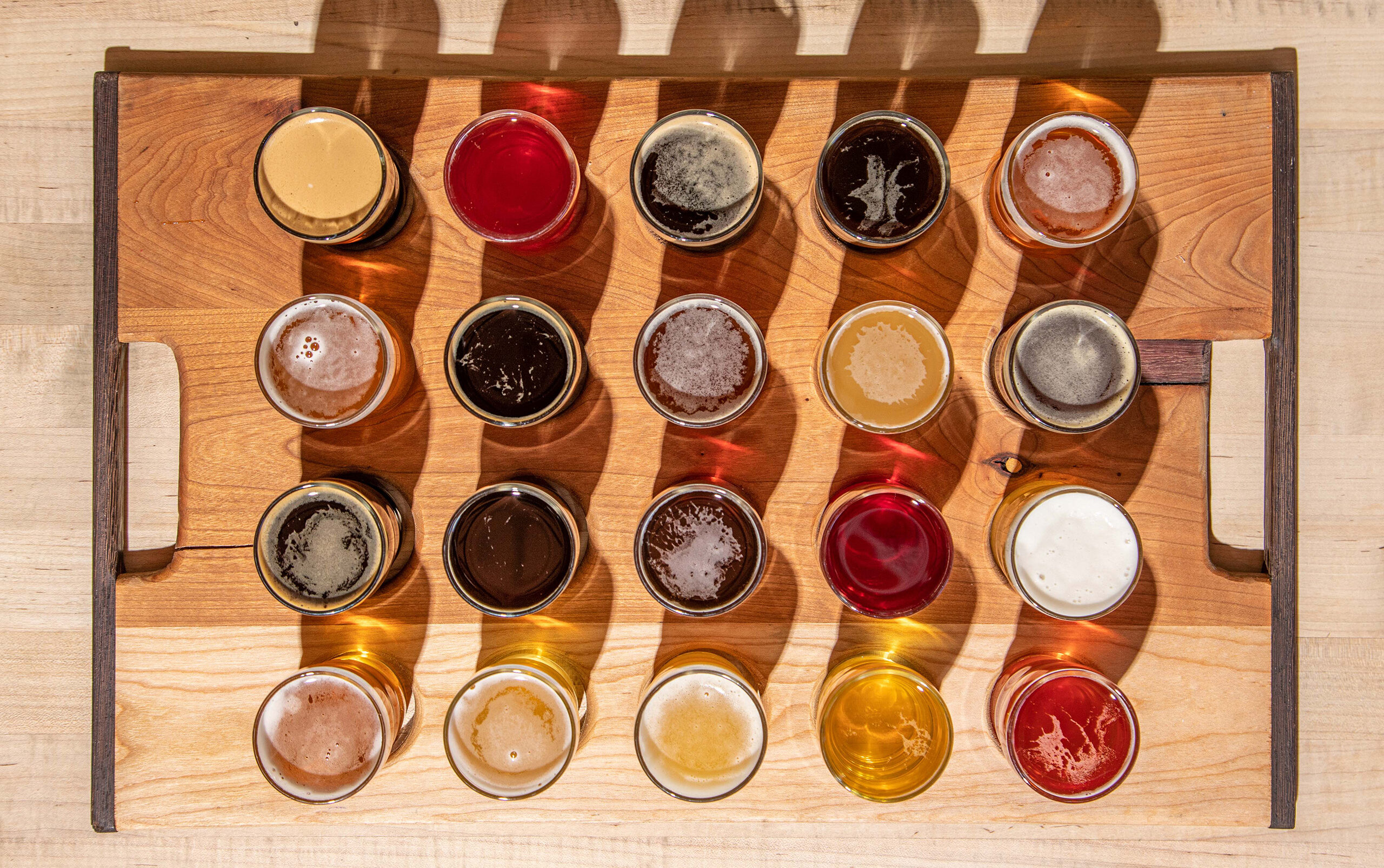 Over head photo of 20 flight beer sampler